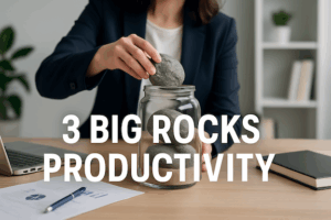 Business owner placing large rocks into a jar of sand on a desk—illustrating the “3 Big Rocks” productivity method for small-business owners