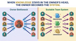 Owner bottleneck vs scalable team system diagram showing how small businesses grow when knowledge moves from the owner to clear processes and team ownership.